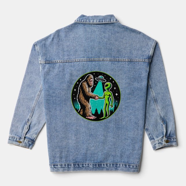 Bigfoot Alien Alliance - Funny Scifi Cryptid Denim Jacket (Back)