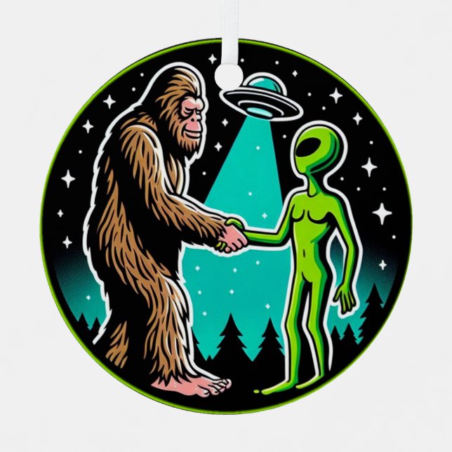 Bigfoot Alien Alliance - Funny Scifi Cryptid Metal Ornament (Front)