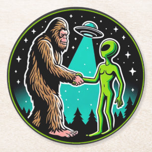 Bigfoot Alien Alliance - Funny Scifi Cryptid Round Paper Coaster