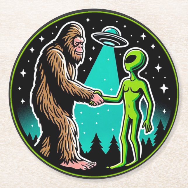 Bigfoot Alien Alliance - Funny Scifi Cryptid Round Paper Coaster (Front)