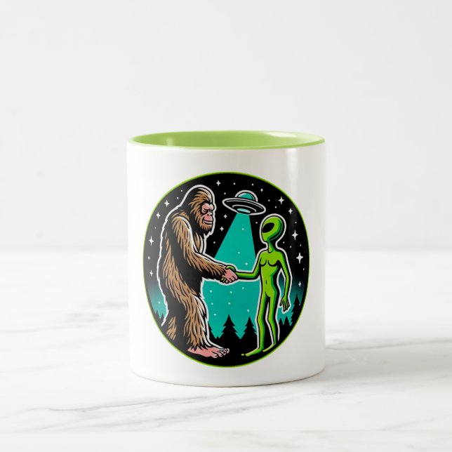 Bigfoot Alien Alliance - Funny Scifi Cryptid Two-Tone Coffee Mug (Center)