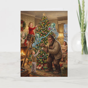 Bigfoot Alien Decorating Tree Vintage Christmas Card
