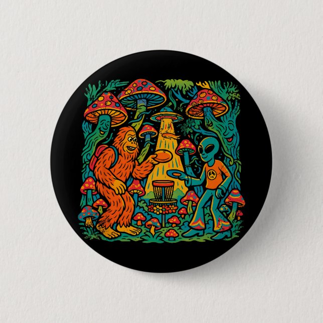 Bigfoot Alien Disc Golf Psychedelic Ufo Uap Design 2 Inch Round Button (Front)