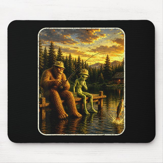 Bigfoot alien fishing funny men sasquatch lovers mouse pad (Front)