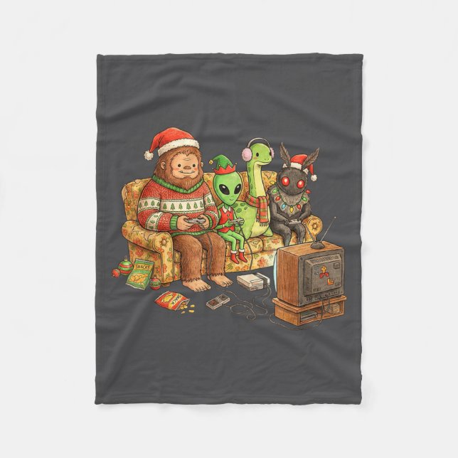 Bigfoot Alien Nessie Mothman Retro Gaming Christma Fleece Blanket (Front)