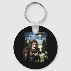 Bigfoot Alien Selfie Rock On Peace Sign Funny UFO Keychain