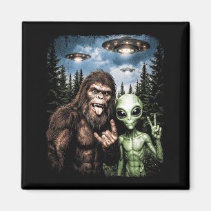 Bigfoot Alien Selfie Rock On Peace Sign Funny UFO Magnet