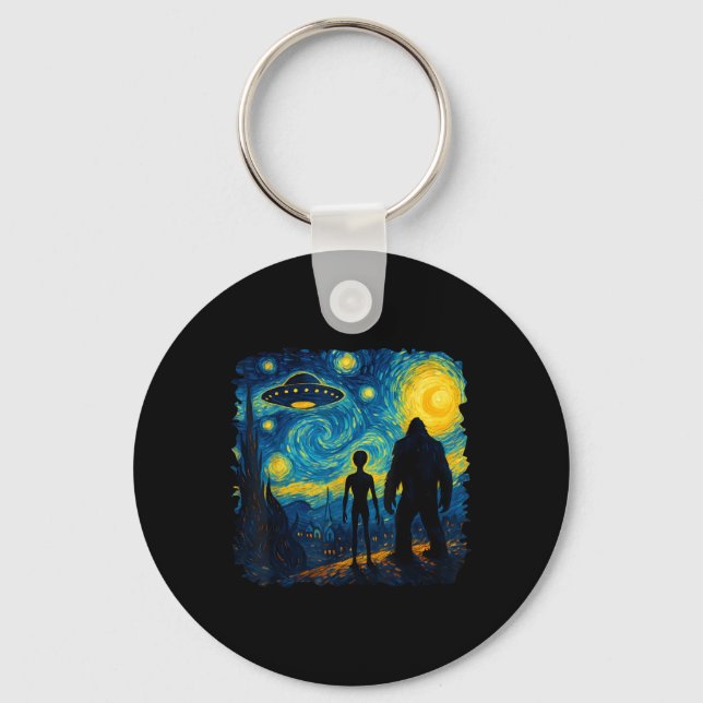 Bigfoot Alien Ufo Van Gogh Starry Night Sasquatch  Keychain (Front)