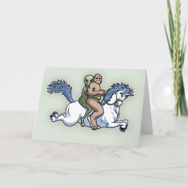 Bigfoot, Alien, Unicorn Card (Front)