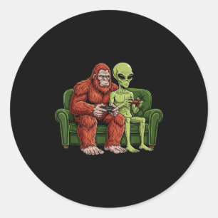 Bigfoot Alien Video Games Gaming Sasquatch Ufo Men Classic Round Sticker