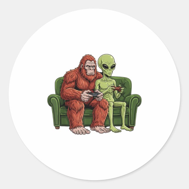 Bigfoot Alien Video Games Gaming Sasquatch Ufo Men Classic Round Sticker (Front)