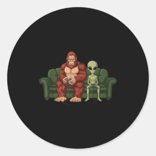 Bigfoot Alien Video Games Gaming Sasquatch Ufo Men Classic Round Sticker