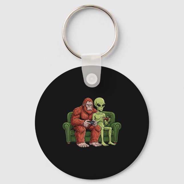 Bigfoot Alien Video Games Gaming Sasquatch Ufo Men Keychain (Front)