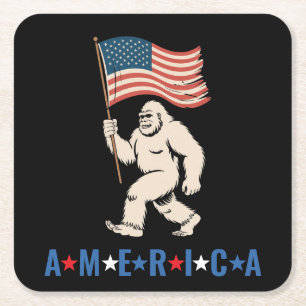 Bigfoot America Patriotic Funny 4th of July Square Paper Coaster