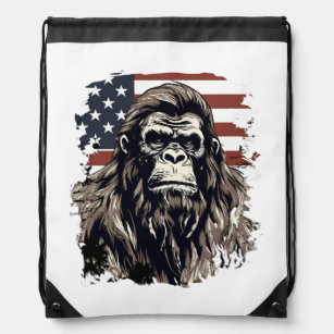 Bigfoot American Flag Patriotic Art Patriotic Sasq Drawstring Bag
