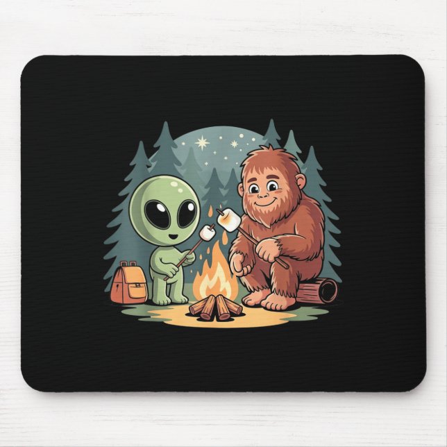 Bigfoot and alien campfire funny sasquatch ufo mouse pad (Front)