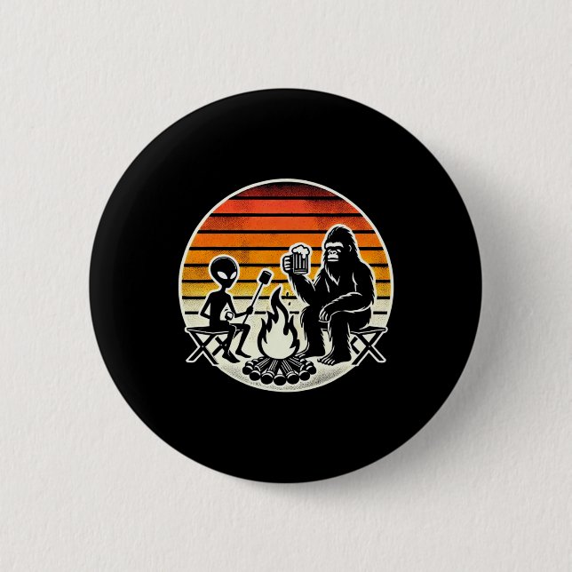 Bigfoot And Alien Camping Drinking Beer  2 Inch Round Button (Front)