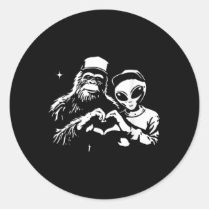 Bigfoot And Alien Heart Hands Funny Valentines Big Classic Round Sticker