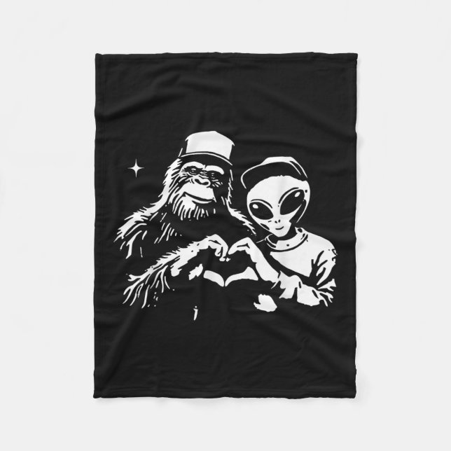 Bigfoot And Alien Heart Hands Funny Valentines Big Fleece Blanket (Front)