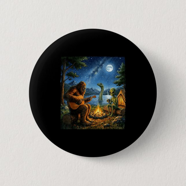 Bigfoot And Alien Loch Ness Campfire Sasquatch Fun 2 Inch Round Button (Front)