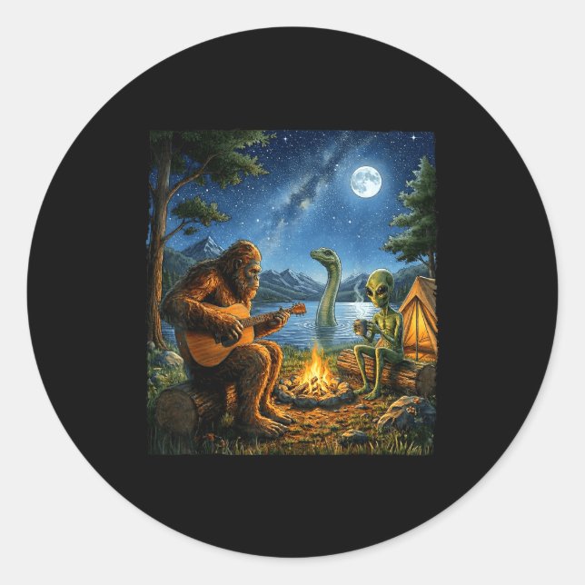Bigfoot And Alien Loch Ness Campfire Sasquatch Fun Classic Round Sticker (Front)
