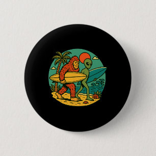 Bigfoot And Alien Surfing Vintage Beach Art Surfer 2 Inch Round Button