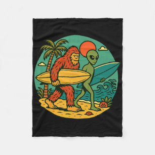 Bigfoot And Alien Surfing Vintage Beach Art Surfer Fleece Blanket