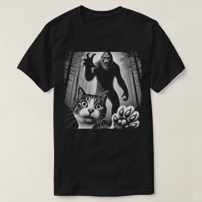 Bigfoot and Cat Encounter T-Shirt – Funny Forest A (Design Front)