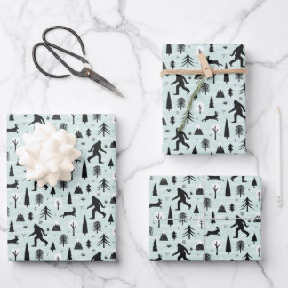 Bigfoot and Jackalope in the Woods Pattern Blue Wrapping Paper Sheet