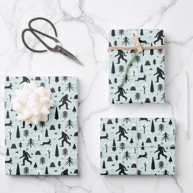 Bigfoot and Jackalope in the Woods Pattern Blue Wrapping Paper Sheet (Front)