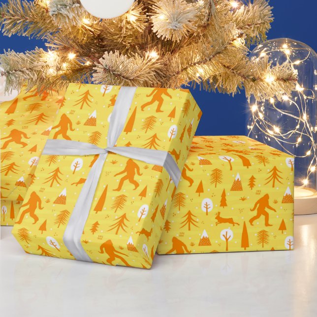 Bigfoot and Jackalope in the Woods Pattern YelOrg Wrapping Paper (Holidays)