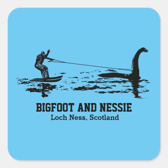 Bigfoot and Nessie Loch Ness Personalized Text Square Sticker (Front)