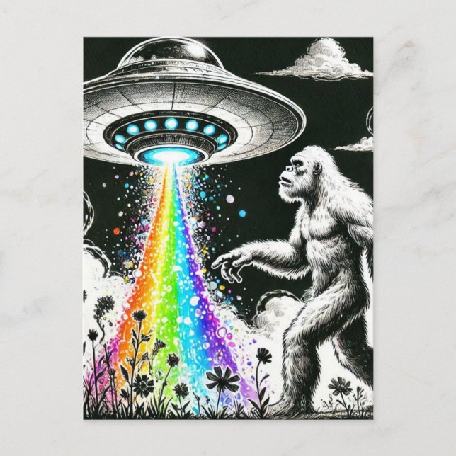 Bigfoot and the Rainbow UFO in a wildflower meadow Postcard (Front)