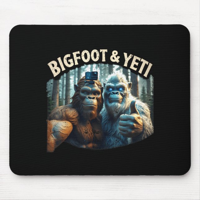 Bigfoot and yeti selfie cryptid squatch hunter mouse pad (Front)
