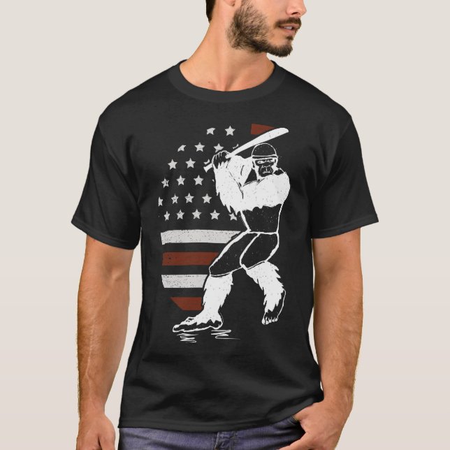 Bigfoot Baseball American Flag Sasquatch Softball  T-Shirt (Front)