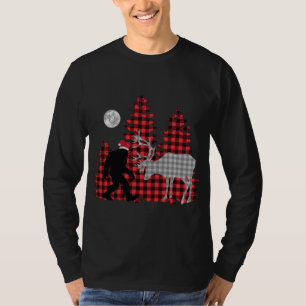 Bigfoot Buffalo Plaid Christmas Trees and Reindeer T-Shirt