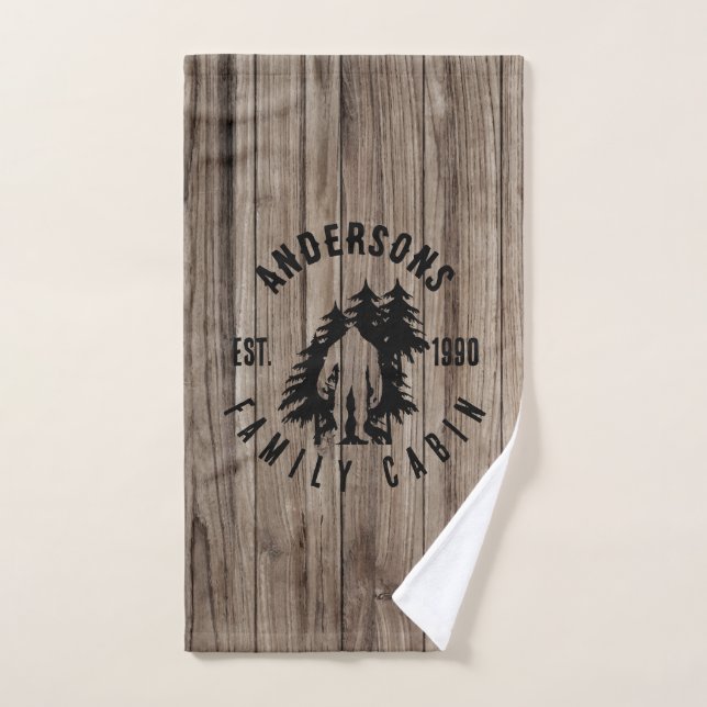 Bigfoot Cabin Rustic Wood Family Custom Name  Bath Towel Set (Hand Towel)