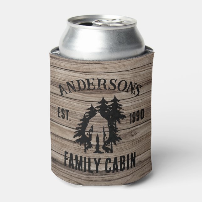 Bigfoot Cabin Rustic Wood Family Custom Name  Can Cooler (Can Front)