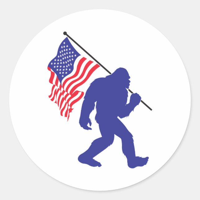 Bigfoot Carrying an American Flag Classic Round Sticker (Front)