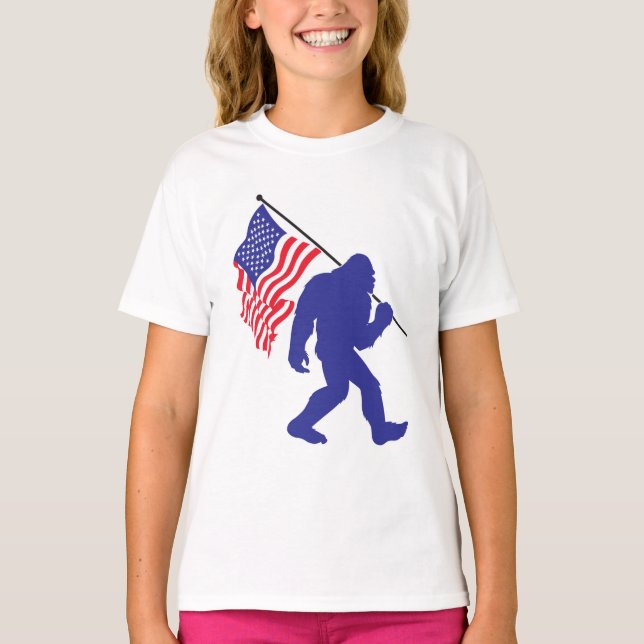 Bigfoot Carrying an American Flag T-Shirt (Front)