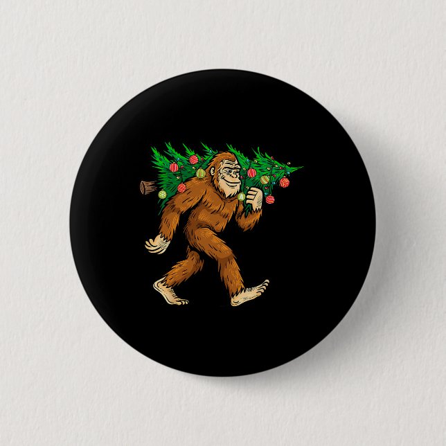 Bigfoot Carrying Christmas Tree Sasquatch Believer 2 Inch Round Button (Front)