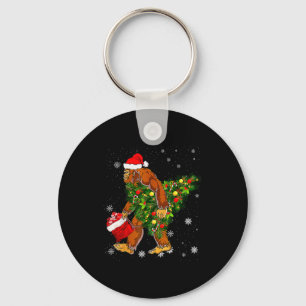 Bigfoot Carrying Christmas Tree Sasquatch Believer Keychain