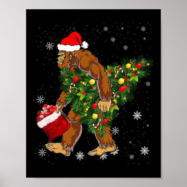 Bigfoot Carrying Christmas Tree Sasquatch Believer Poster (Front)