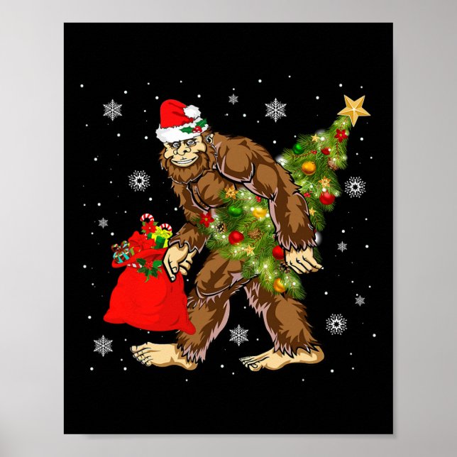 Bigfoot Carrying Christmas Tree Sasquatch Believer Poster (Front)