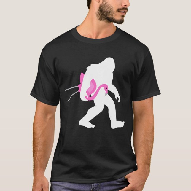 Bigfoot Carrying Lawn Flamingo Funny Sasquatch T-Shirt (Front)