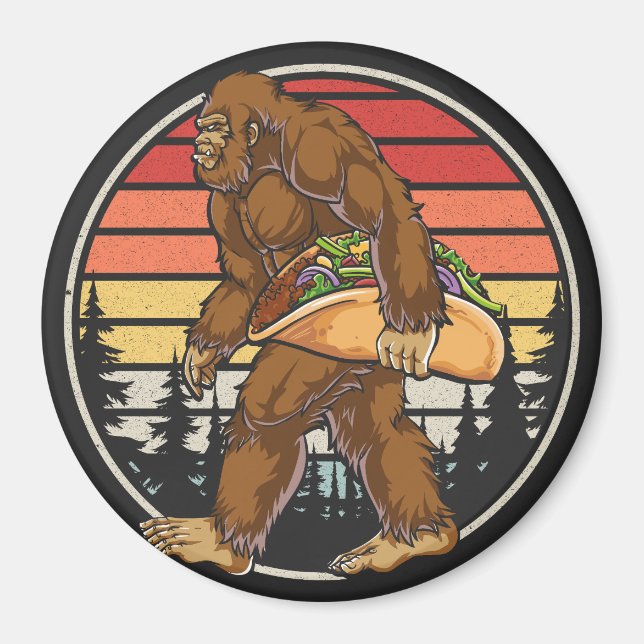 Bigfoot Carrying Taco Circle Magnet (Front)