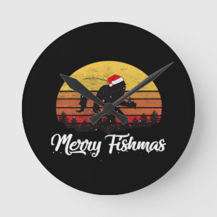 Bigfoot Christmas Santa Hat Merry Fishmas Vintage  Round Clock