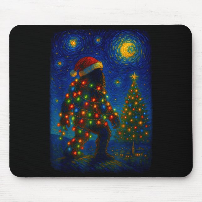Bigfoot Christmas Sasquatch Santa Hat Starry Night Mouse Pad (Front)