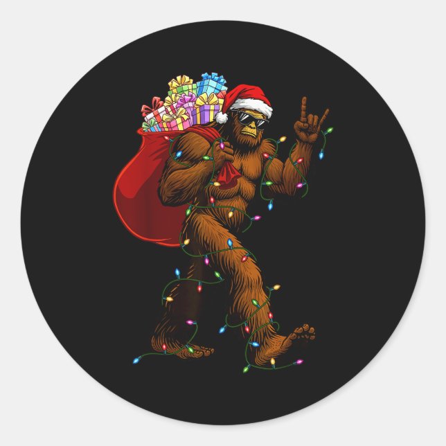 Bigfoot Christmas Shirts Boys Men Xmas Tree Lights Classic Round Sticker (Front)