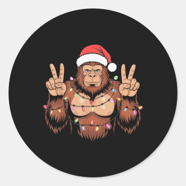 Bigfoot Christmas Tree Lights Funny Xmas Sasquatch Classic Round Sticker (Front)